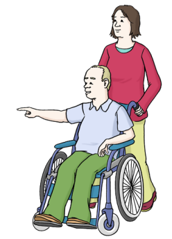 Frau schiebt Mann im Rollstuhl